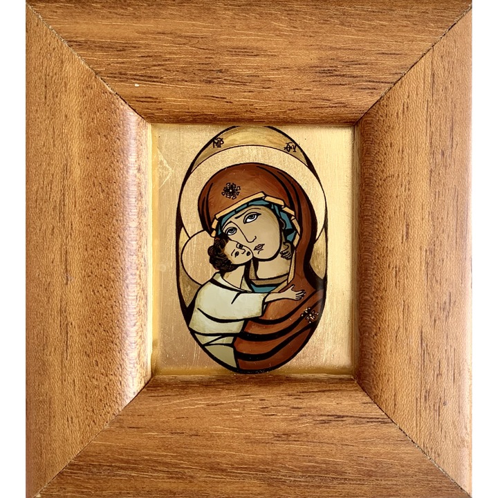 Icoana pictata manual pe sticla, Maica Domnului cu pruncul Iisus , Fecioara Maria, 10 x 9 cm