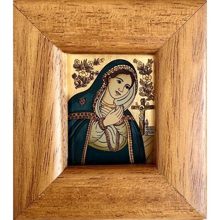 Icoana pictata manual pe sticla, Maica Domnului Indurerata , Fecioara Maria, 10 x 9 cm