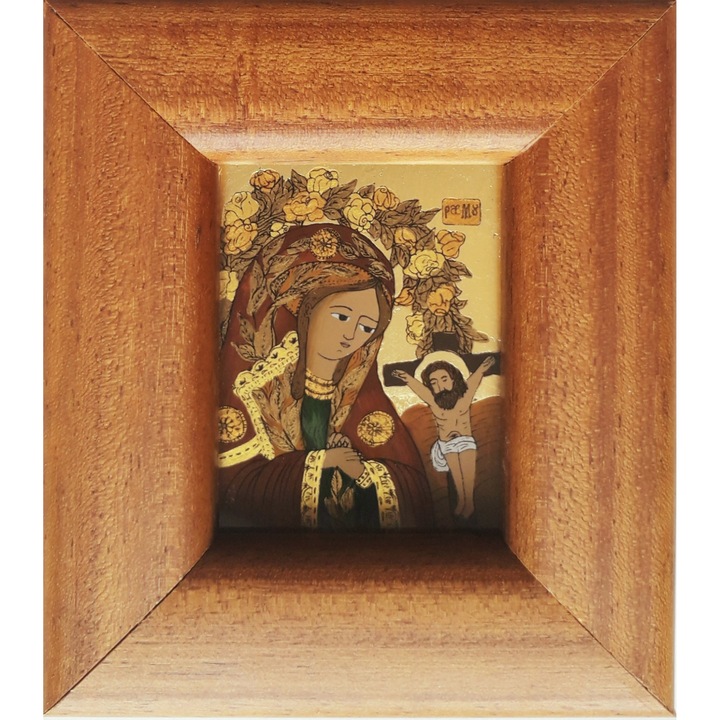 Icoana pictata manual pe sticla , Maica Domnului Indurerata , Fecioara Maria, 10 cm x 9 cm