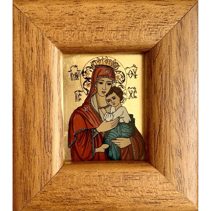 Icoana pictata manual pe sticla, Maica Domnului cu pruncul Isus , Fecioara Maria, 10x9 cm