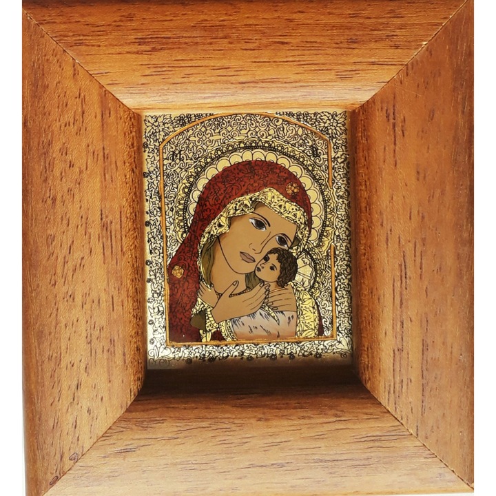 Icoana pictata manual pe sticla, Maica Domnului Eleousa, Fecioara Maria cu Pruncul, 10 x 9 cm