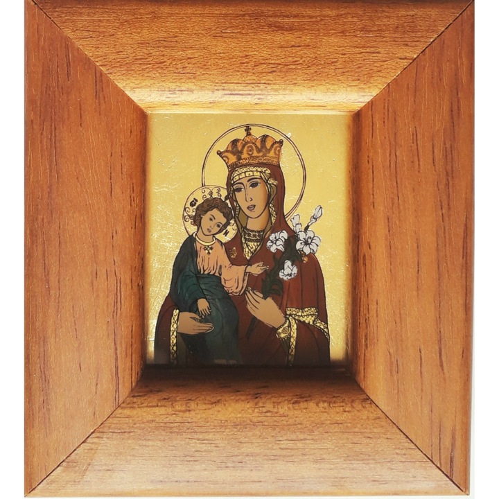 Icoana pictata manual pe sticla, Maica Domnului Floare Nepieritoare, Fecioara Maria, 10x9 cm