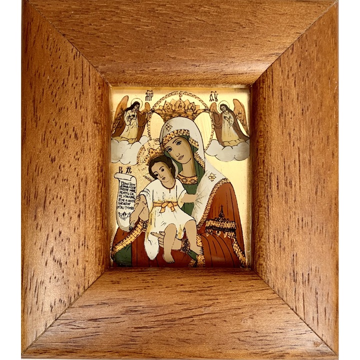 Icoana pictata manual pe sticla, Maica Domnului Axionita, Fecioara Maria, 10 x 9 cm