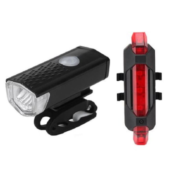 OEM kerékpár lámpa szett, fényszóró és hátsó lámpa, 5 LED, újratölthető USB, 3 világítási mód, fekete