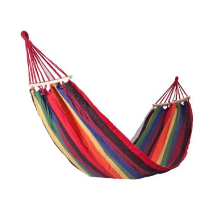 Hamac SIKS® Din Bumbac, 180 x 80 cm, Cu Bara De Lemn Si Sac De Depozitare, multicolor