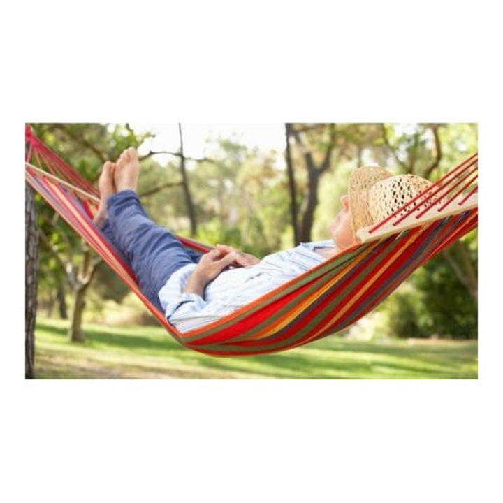 SIKS függőágy, pamut, 180 x 80 cm, fa rúddal és tárolótáskával, többszínű