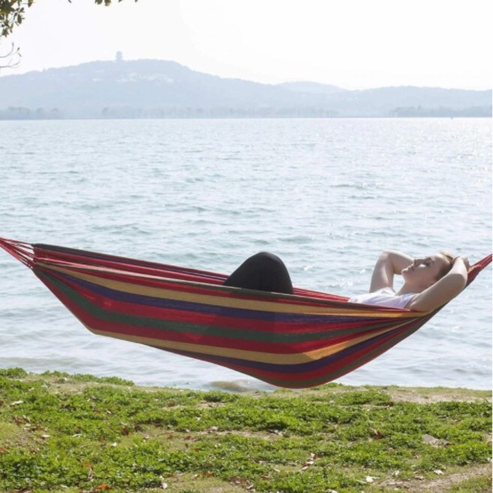 Hamac SIKS® Din Bumbac, 180 x 80 cm, Cu Bara De Lemn Si Sac De Depozitare, multicolor