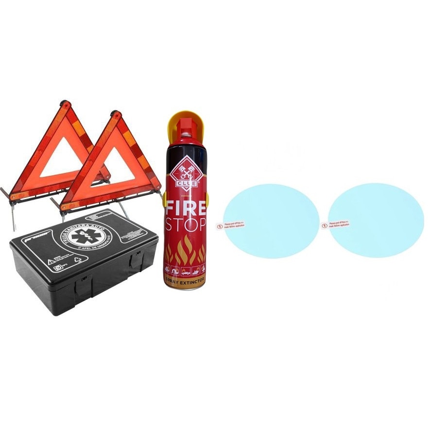 KIT auto obligatoriu Premium Motor Starter - Trusa Medicala, 2xTriunghiuri, Stingator Tip Spray, set folii protectoare pentru oglinzi auto anti-ceata, anti-depunere apa, anti-orbire, anti-aburire