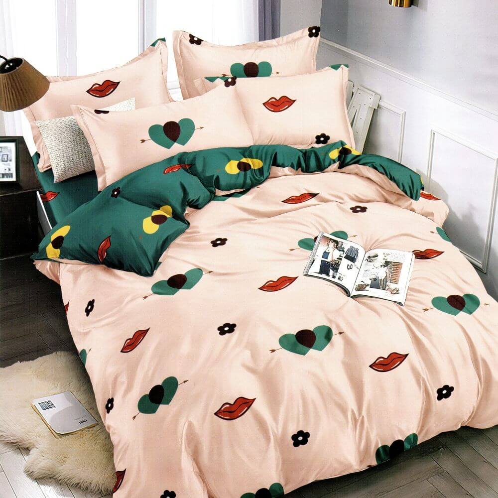 Lenjerie Finet Satinat Gros cu 2 Fete, 6 Piese, Pat 2 Persoane, Red Lips