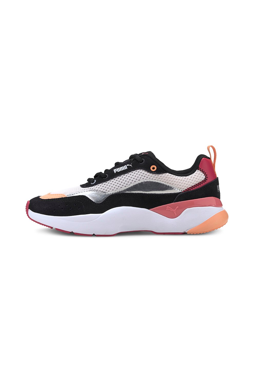 Puma, Pantofi sport cu model colorblock si garnituri din piele intoarsa Lia Pop, Negru/Argintiu/Roz, 5.5