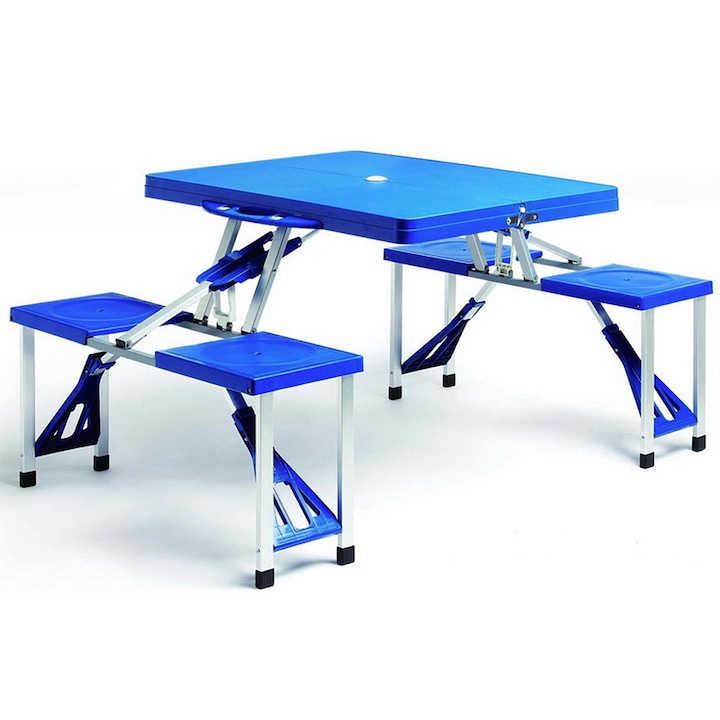 Deuba összecsukható kemping asztal, 4 személyes, duralumínium, 85 x 65 cm, esernyő tartóval, fehér / kék
