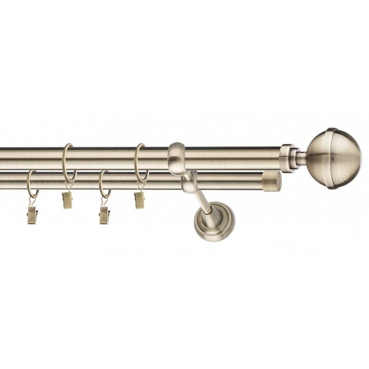 Galerie metalica Kalisto, Dubla, 19mm x 240 cm, Antique Brass, Set Complect, Calitate Superioara, Montaj Usor, Potrivita pentru orice Decor