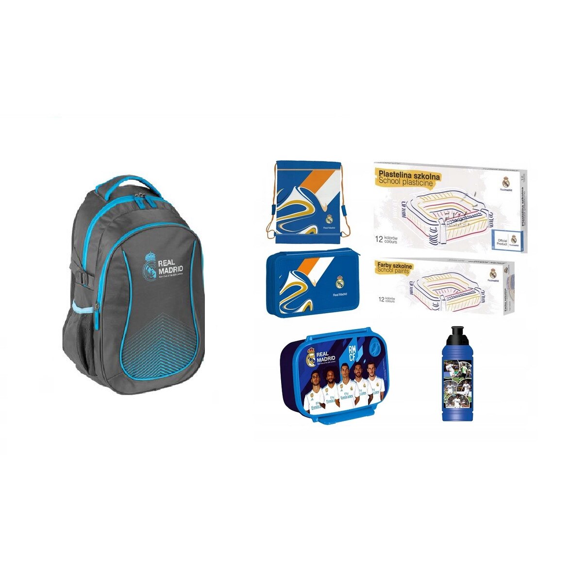 Set rucsac scoala , Real madrid , penar, sac pentru pantofi, plastilina, acuarele, cutie pentru pranz, sticla de apa, multicolor