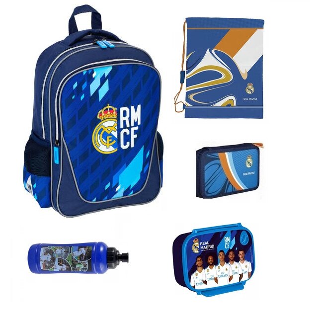 Set pentru scoala Real Madrid, rucsac, sac pentru pantofi, penar, cutie pentru pranz, sticla de apa, multicolor