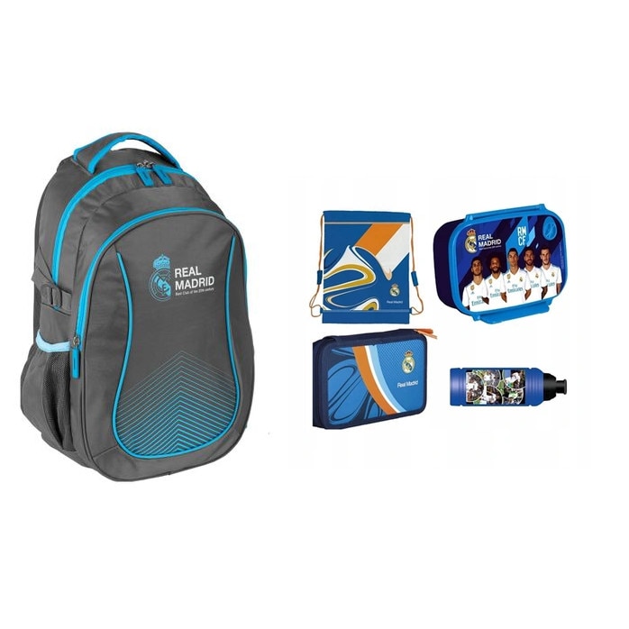 Set pentru scoala, Real Madrid, rucsac, penar, sac pentru pantofi,sticla de apa, cutie pentru pranz, multicolor