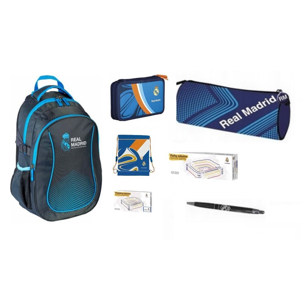 Set rucsac scoala, Real madrid, penar, sac pentru pantofi, husa creion , pix, acuarele, plastilina, multicolor