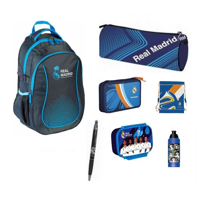 Set rucsac scoala, Real Madrid, penar, sac pentru pantofi, husa creion, pix ,cutie pentru pranz, sticla de apa, multicolor