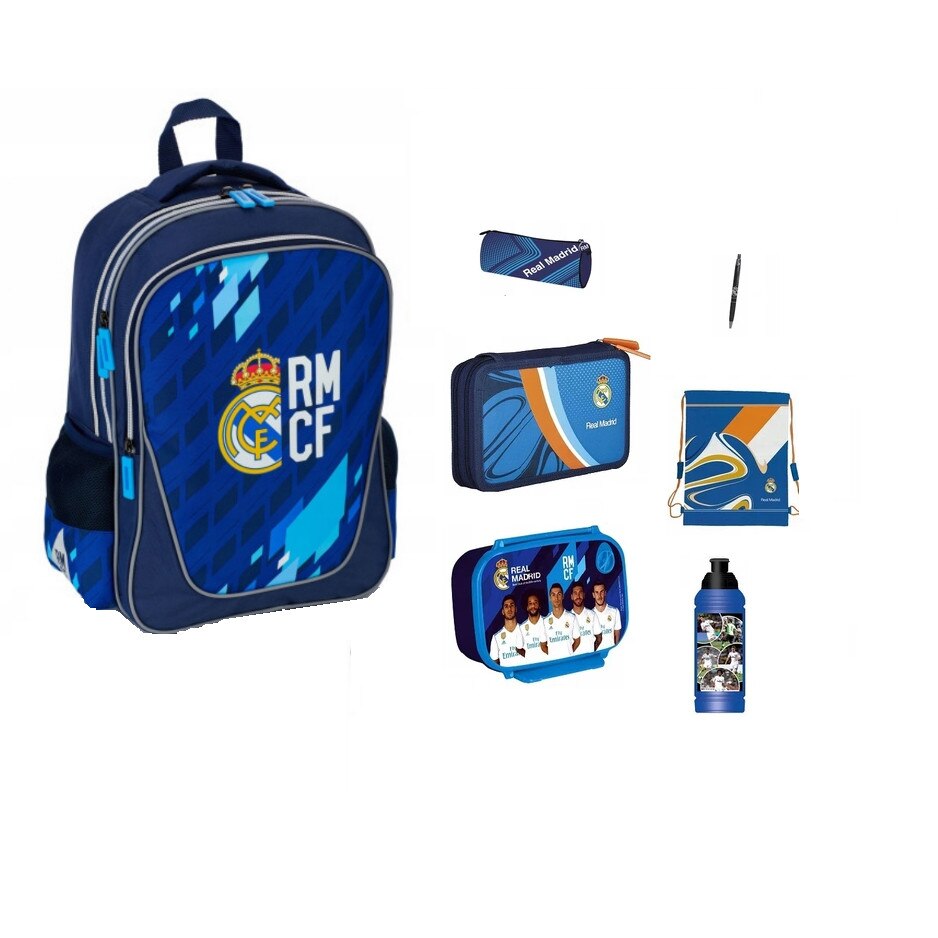 Set rucsac scoala, Real madrid, husa creion, pix, penar, sac pentru pantofi, cutie pentru pranz, Sticla de apa, multicolor