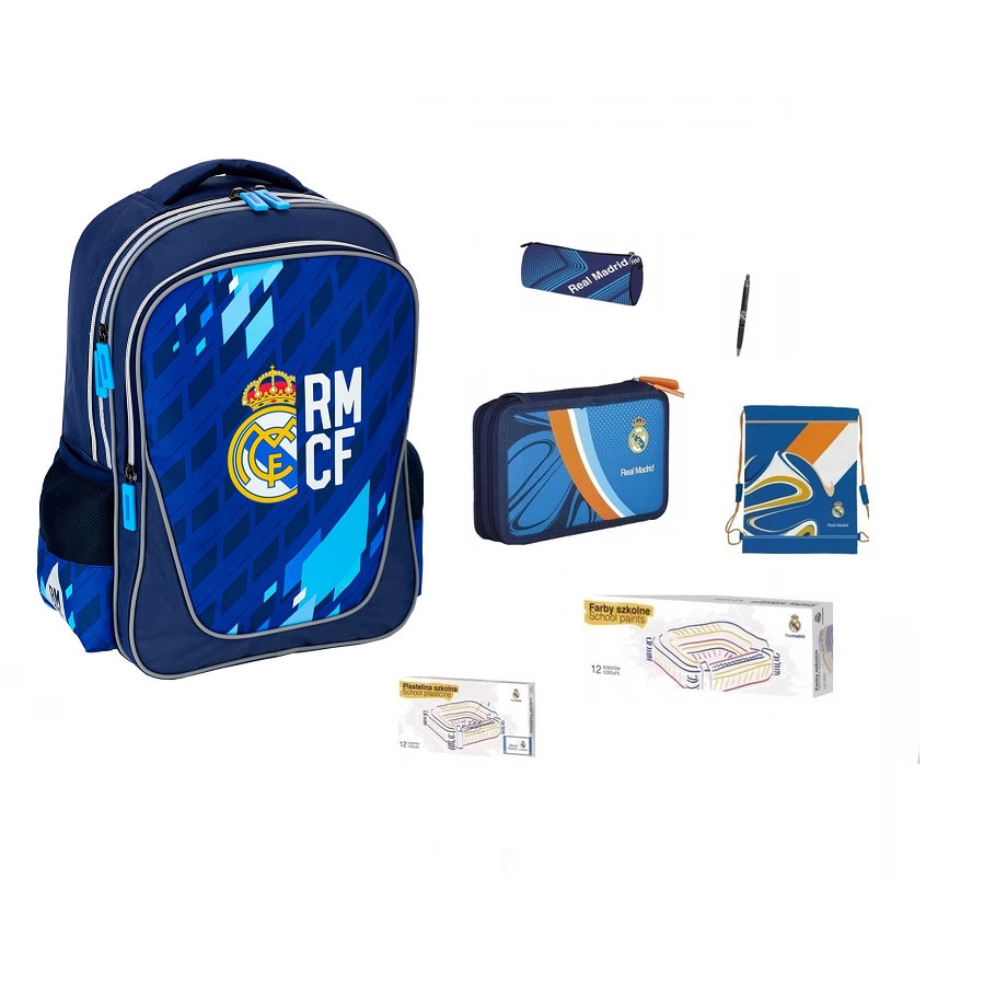 Set rucsac scoala, Real madrid, penar, husa creion, sac pentru pantofi, pix, plastilina, acuarele, multicolor