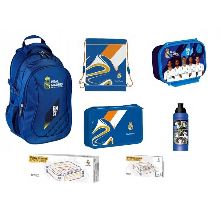 Set rucsac scoala, Real Madrid, penar, sac pentru pantofi, acuarele, plastilina, cutie pentru pranz, sticla de apa, multicolor