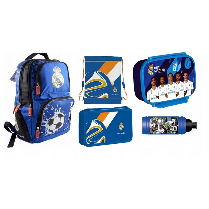 Set rucsac scoala, Real Madrid, sac pentru pantofi, sticla de apa, cutie pentru pranz, penar, multicolor
