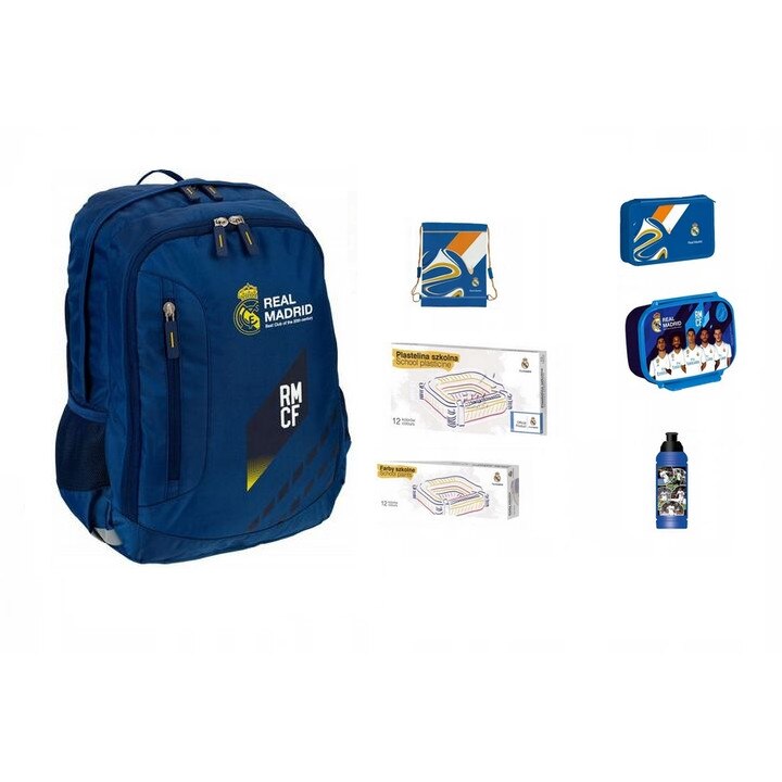 Set rucsac scoala , Real Madrid ,penar, sac pentru pantofi, sticla de apa, cutie pentru pranz, plastilina, acuarele, multicolor