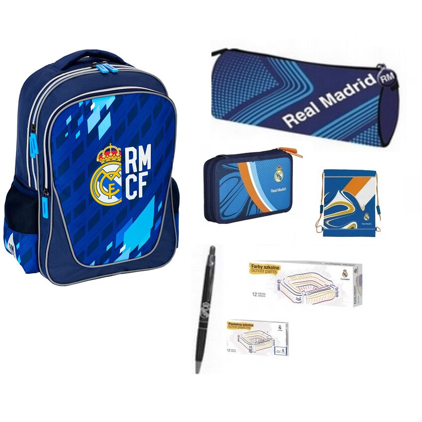 Set rucsac scoala, Real Madrid, penar, sac pentru pantofi, husa creion, pix, plastilina, acuarele, multicolor
