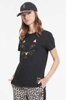 Puma, Tricou cu imprimeu pisica, Negru/Auriu