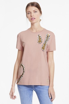 Puma, Tricou cu imprimeu pisica, Roz prafuit/galben/alb Puma, Tricou cu imprimeu pisica, Roz prafuit/galben/alb