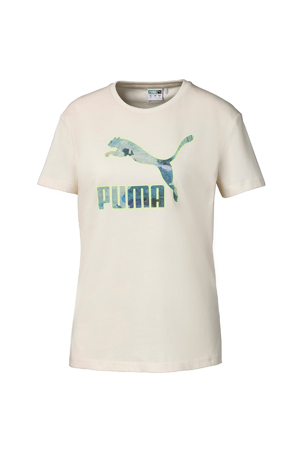Puma, Tricou cu decolteu la baza gatului si imprimeu logo, Maro nisip/Verde/Albastru, 2XS