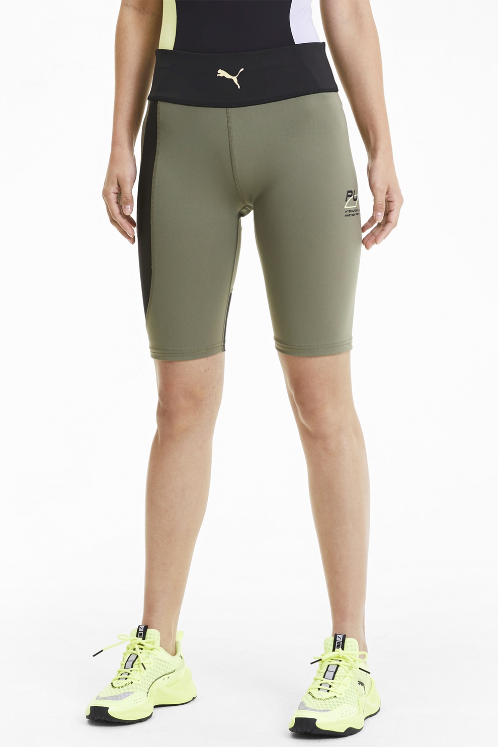 Puma, Colanti scurti cu talie inalta, pentru antrenament Evidre, Verde militar/Negru/Galben, XS