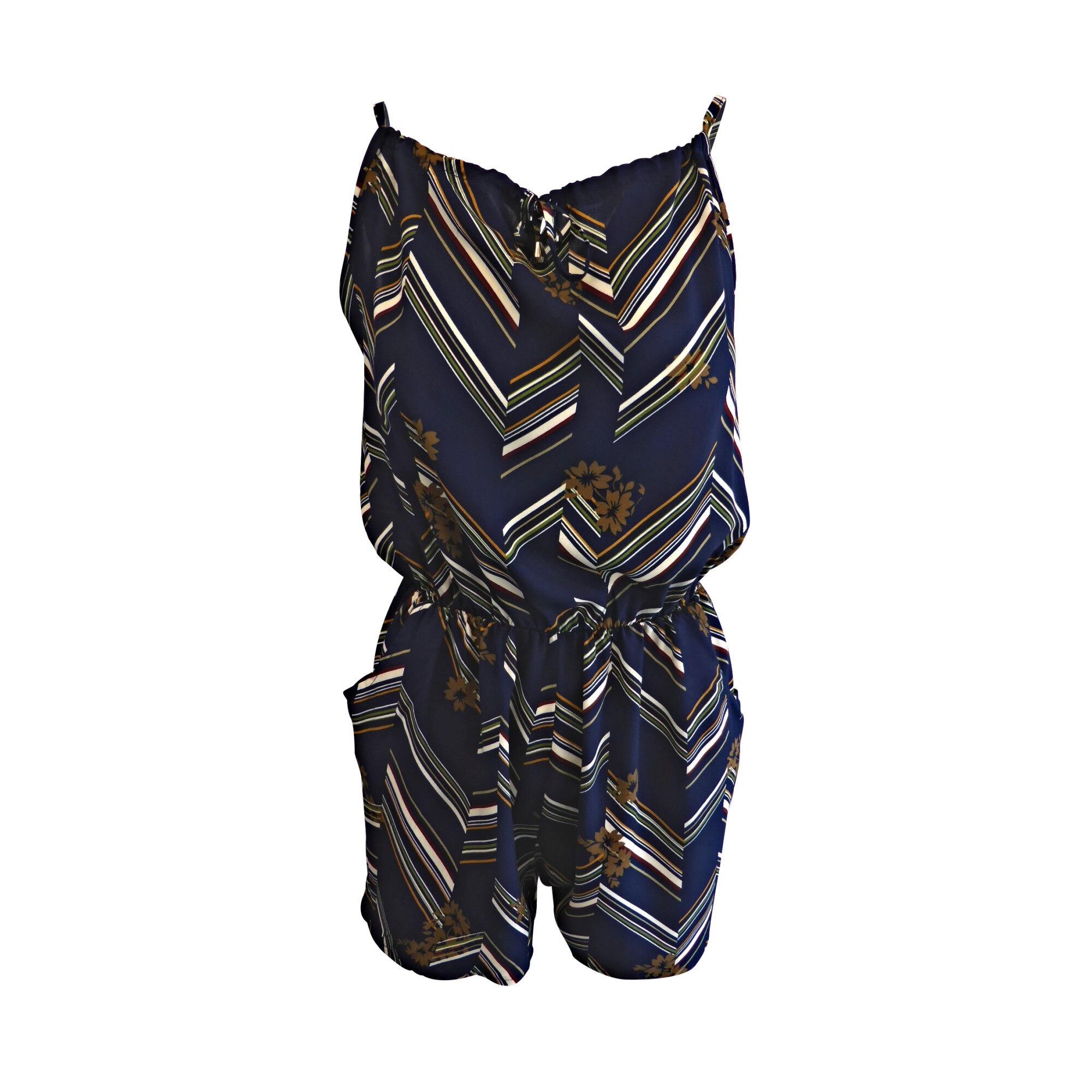 Salopeta scurta UNIVERS FASHION cu 2 buzunare, culoare albastru cu imprimeu multicolor dungi si flori, cu elastic la talie, XL