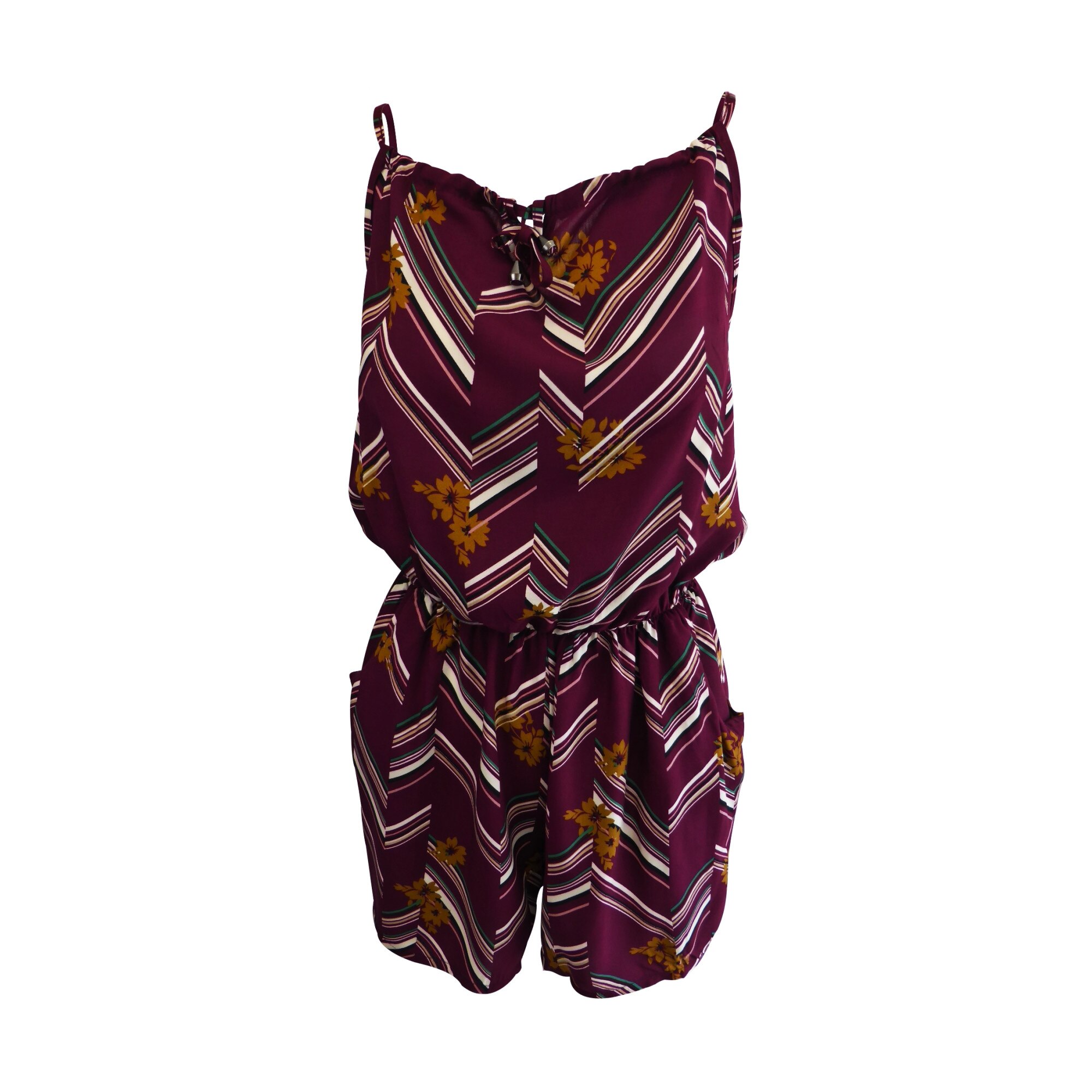 Salopeta scurta UNIVERS FASHION cu 2 buzunare, culoare grena cu imprimeu multicolor dungi si flori, cu elastic la talie