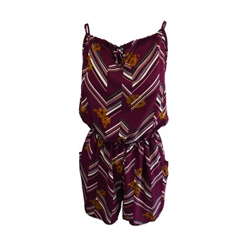 Salopeta scurta UNIVERS FASHION cu 2 buzunare, culoare grena cu imprimeu multicolor dungi si flori, cu elastic la talie Salopeta scurta UNIVERS FASHION cu 2 buzunare, culoare grena cu imprimeu multicolor dungi si flori, cu elastic la talie