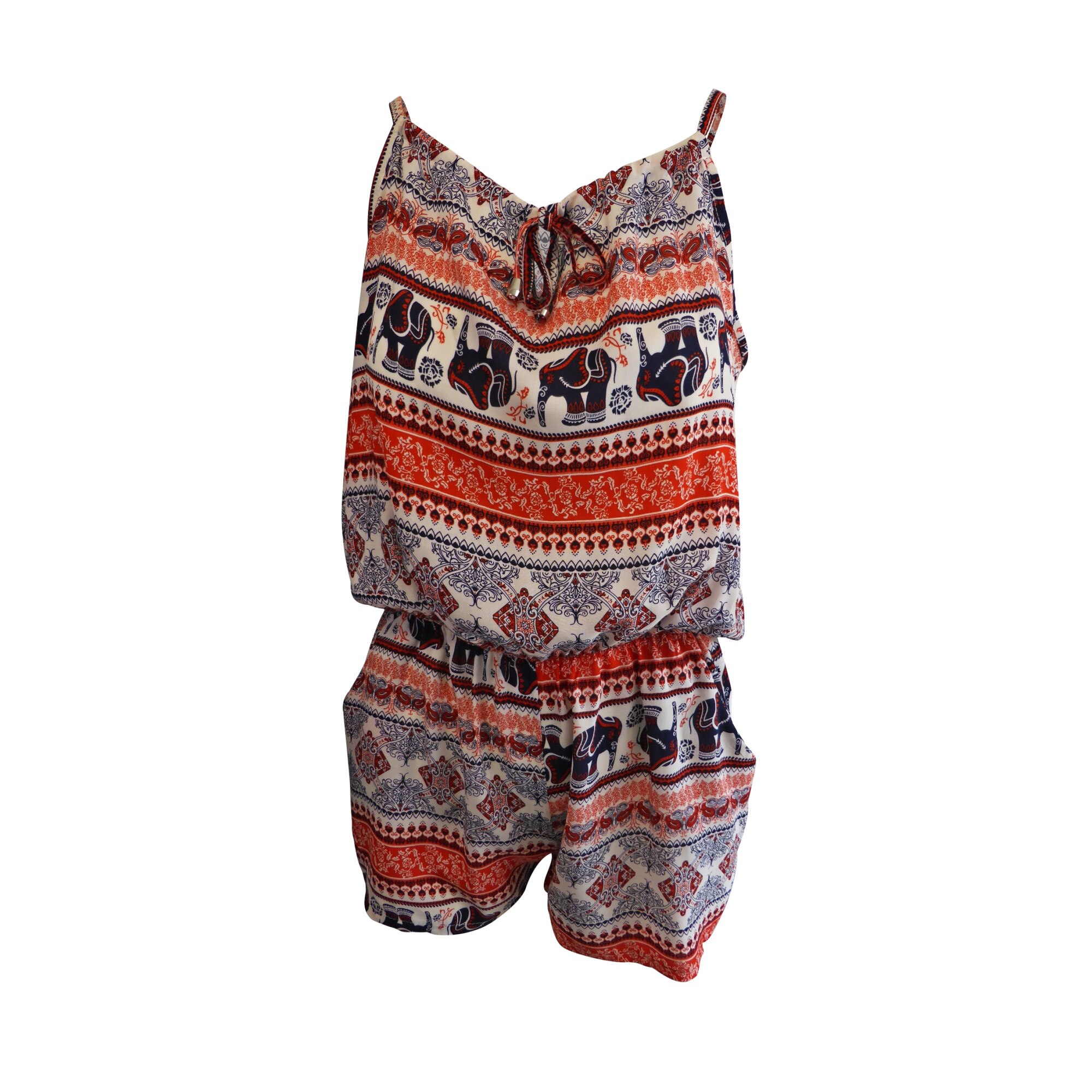 Salopeta scurta UNIVERS FASHION cu 2 buzunare, culoare alba cu imprimeu oranj cu elefanti, elastic la talie