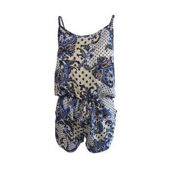 Salopeta scurta UNIVERS FASHION cu 2 buzunare, culoare alba cu imprimeu albastru, cu elastic la talie, XL-2XL Salopeta scurta UNIVERS FASHION cu 2 buzunare, culoare alba cu imprimeu albastru, cu elastic la talie, XL-2XL