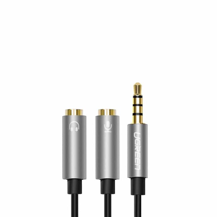 Cablu Adaptor Splitter Audio 1 in 2, Ugreen 30619, Jack 3.5 mm Tata la 2 x Jack 3.5 mm Microfon si Casti Stereo Mama, Negru