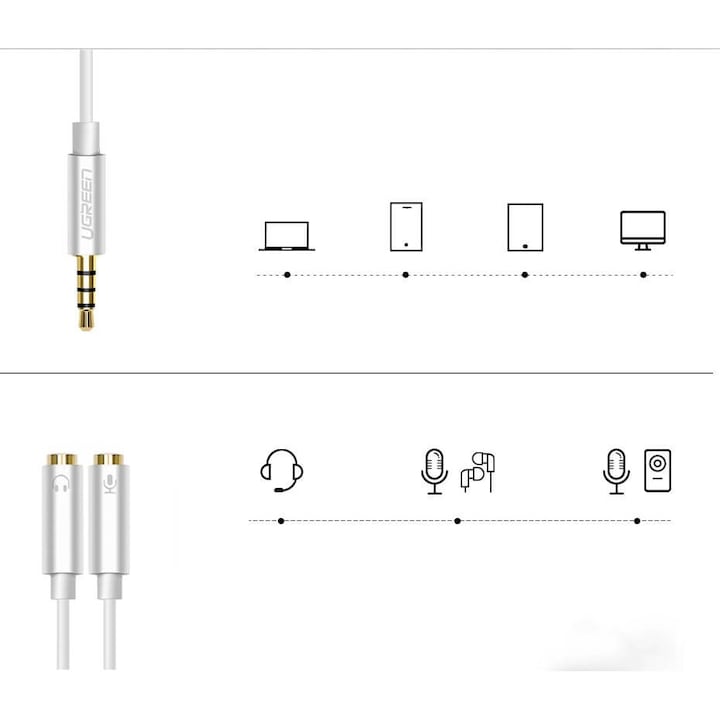 Ugreen Jack / AUX Adapter / Splitter Jack, mikrofonnal, 3,5 mm, 20 cm, ezüst