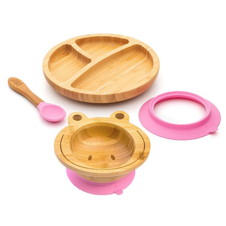 Dodoli Dodoli Frog & Round Diverzifikációs készlet bambusz tál, tányér és teáskanál, rózsaszín