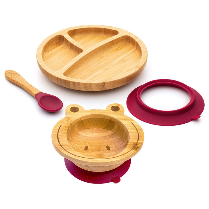 Set diversificare Dodoli Broscuta din bambus natural pentru bebelusi cu bol, farfurie, lingurita, Visiniu