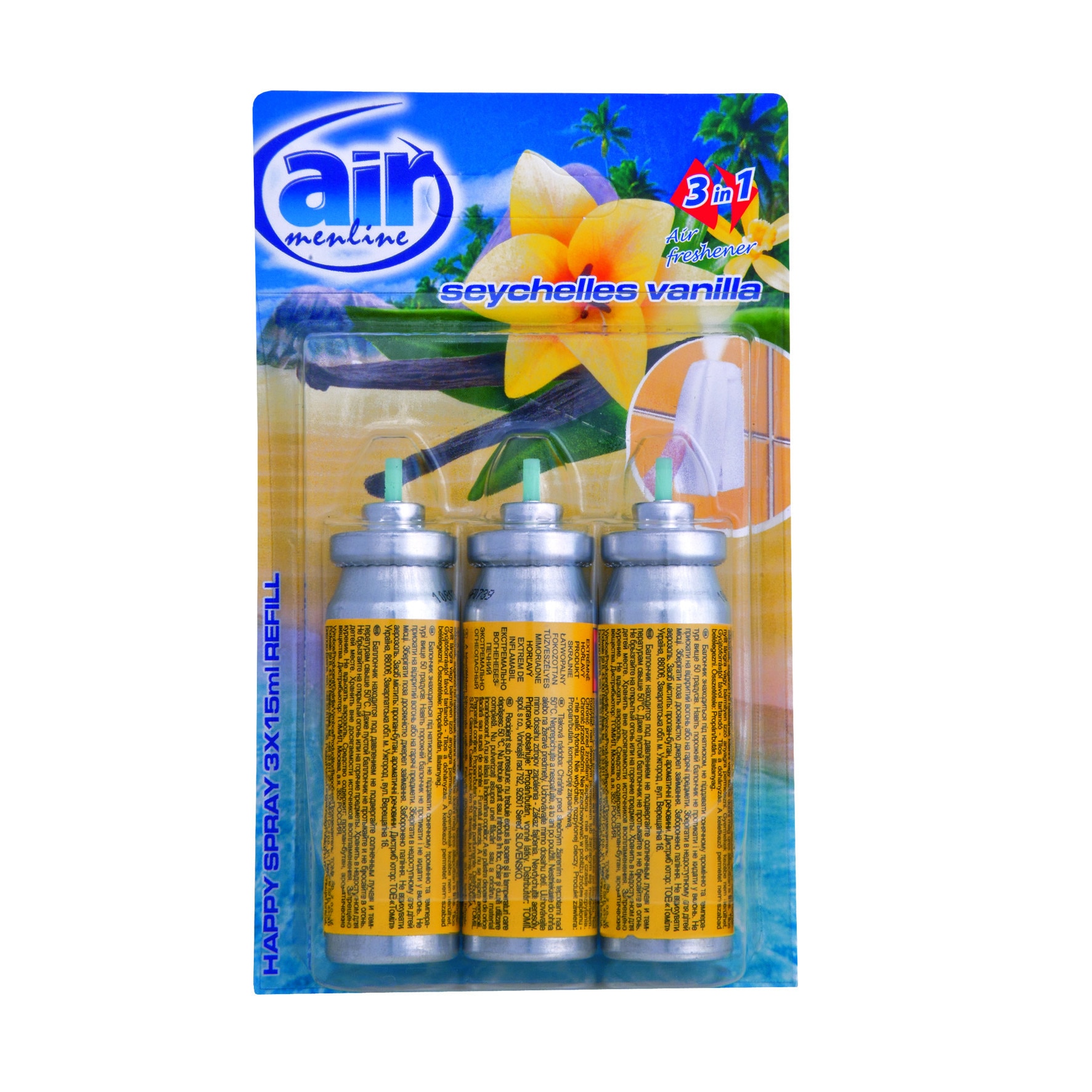 Odorizante AIR menline happy spray rezerva, 3x15ml, Seychelles vanilla