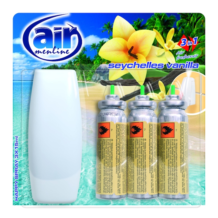 Odorizante AIR menline happy spray cu aparat, 3x15ml, Seychelles vanilla