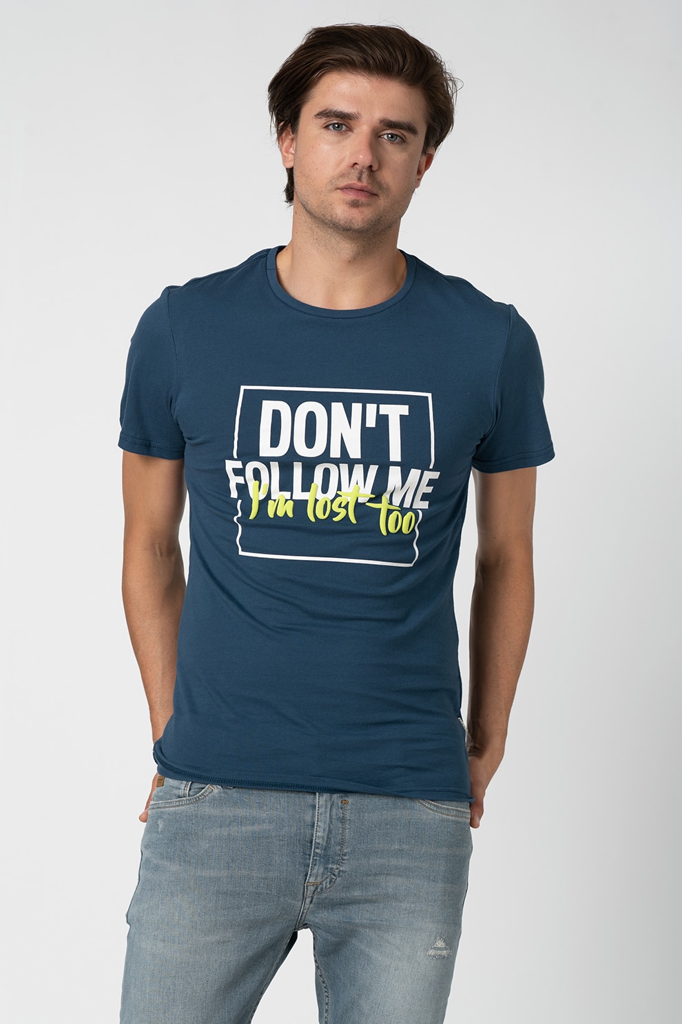 BLEND, Tricou cu model text stantat, Bleumarin