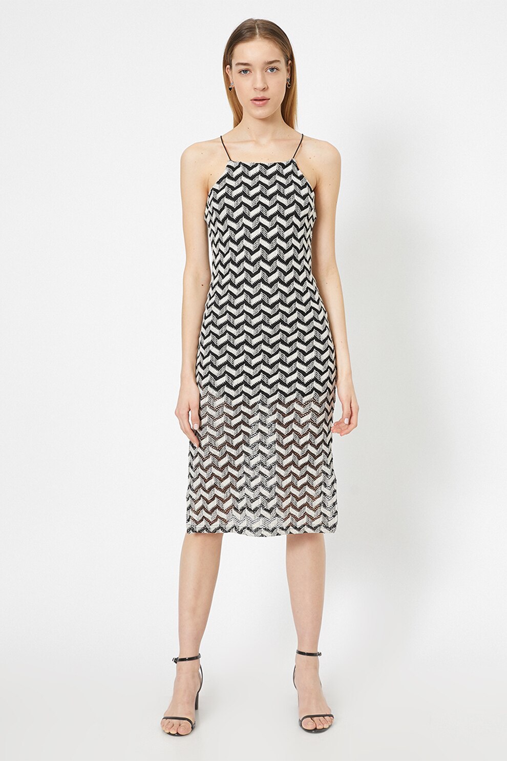 KOTON, Rochie midi bodycon cu model, Negru/Alb, M