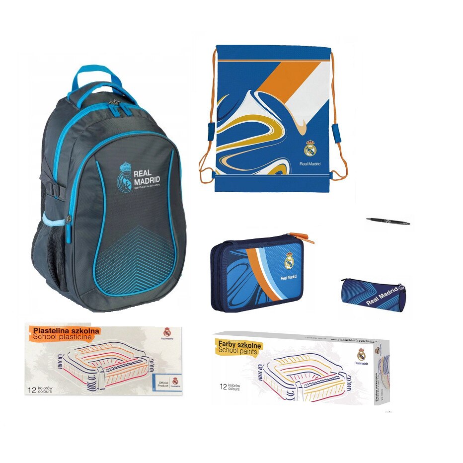 Set rucsac scoala, Real Madrid, penar, sac pentru pantofi, husa, pen, acuarele, plastilina, multicolor
