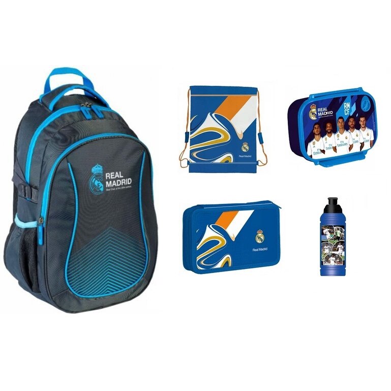 Set rucsac scoala, Real Madrid, penar, sac pentru pantofi, cutie pentru pranz , sticla de apa, multicolor