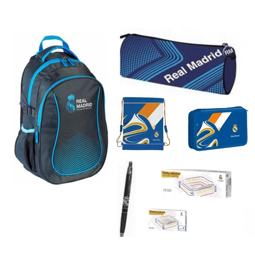Set rucsac scoala, Real Madrid, husa creion , penar, sac pentru pantofi, pix, plastilina, acuarele, multicolor