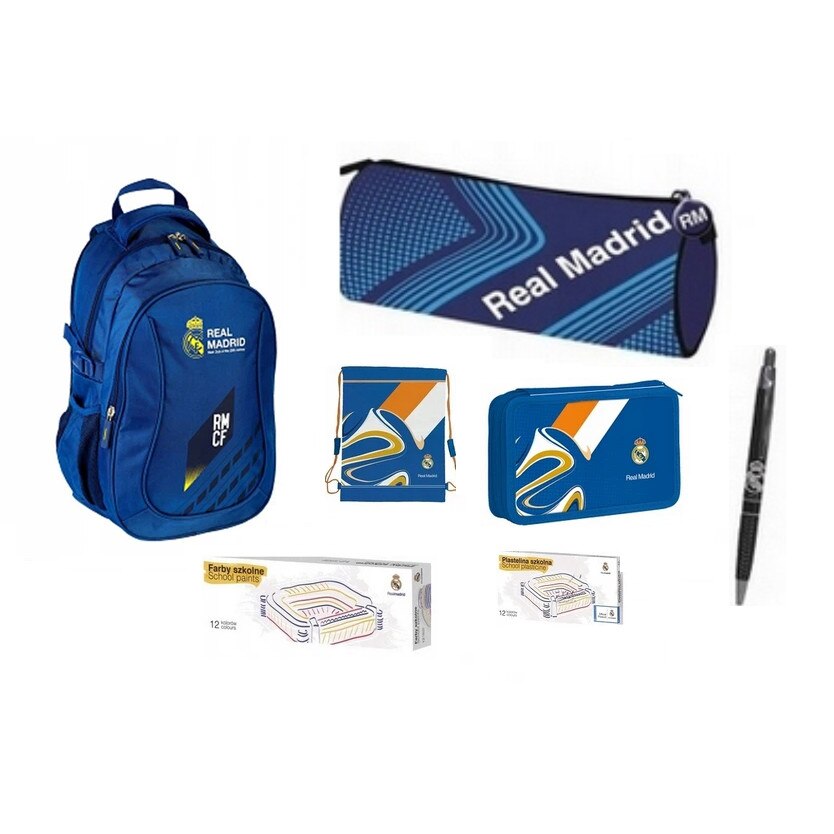 Set rucsac scoala, Real Madrid, penar, husa creion, sac pentru pantofi, pix, plastilina, acuarele, multicolor