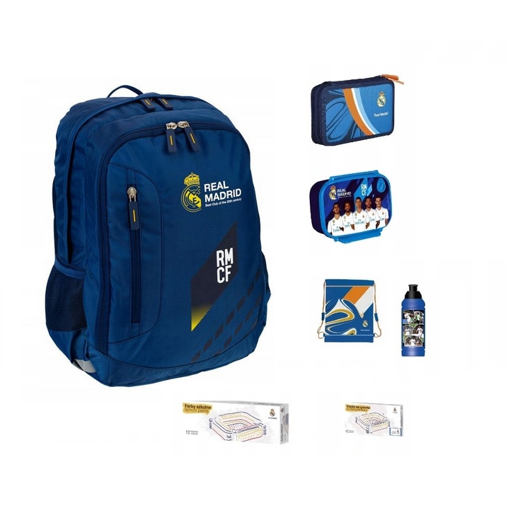 Set rucsac scoala, Real Madrid, penar, sac pentru scoala, cutie pentru pranz, sticla de apa, acuarele, plastilina, multicolor