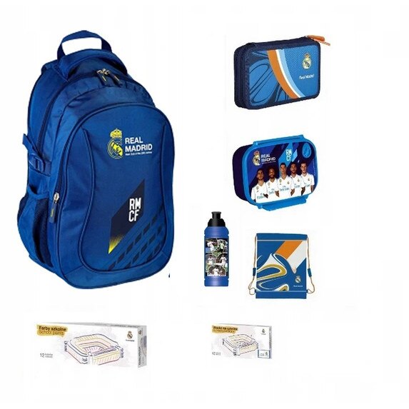 Set rucsac scoala, Real Madrid, penar, sac pentru pantofi, sticla de apa, cutie pentru pranz, plastilina, acuarele, multicolor